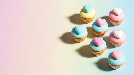 Colorful cupcakes with heart shaped candies on top for Valentine's Day