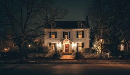Illuminated two-story colonial home at night, surrounded by trees and streetlights