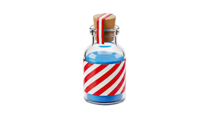 Glass bottle with blue liquid and red and white striped label