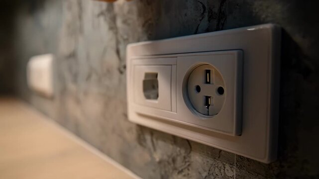 Closeup of power outlets installation in a coworking space renovation highlighting updated electrical infrastructure for remote work devices.