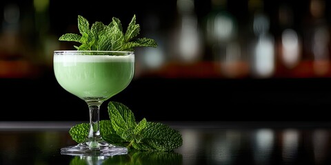 A green cocktail in a stemmed glass garnished with fresh mint on a reflective surface