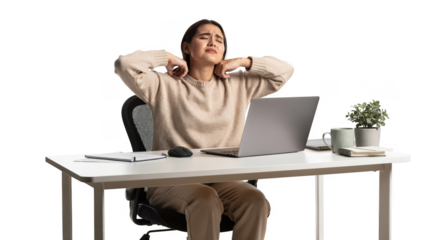 Home office employee taking a break from computer work rubbing shoulders to relieve weakness and stress in a cozy workspace.