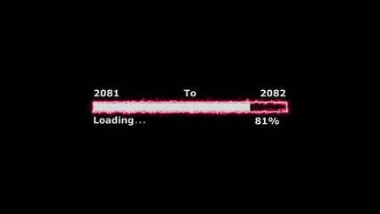 Loading 100 percent complete progress bar digital interface technology modern design white color 4k illustration. New year 2081 to 2082 loading. Neon bright rectangle frame black background.