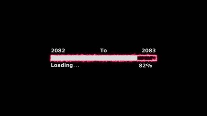 Loading 100 percent complete progress bar digital interface technology modern design white color 4k illustration. New year 2082 to 2083 loading. Neon bright rectangle frame black background.