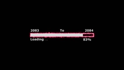 Loading 100 percent complete progress bar digital interface technology modern design white color 4k illustration. New year 2083 to 2084 loading. Neon bright rectangle frame black background.