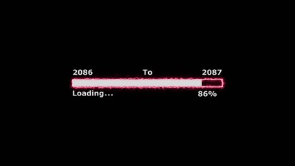 Loading 100 percent complete progress bar digital interface technology modern design white color 4k illustration. New year 2086 to 2087 loading. Neon bright rectangle frame black background.