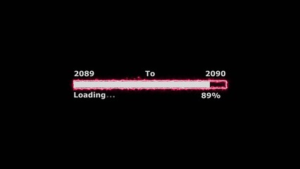 Loading 100 percent complete progress bar digital interface technology modern design white color 4k illustration. New year 2089 to 2090 loading. Neon bright rectangle frame black background.