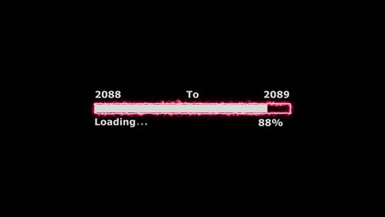 Loading 100 percent complete progress bar digital interface technology modern design white color 4k illustration. New year 2088 to 2089 loading. Neon bright rectangle frame black background.