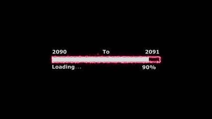 Loading 100 percent complete progress bar digital interface technology modern design white color 4k illustration. New year 2090 to 2091 loading. Neon bright rectangle frame black background.