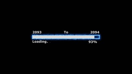 Loading 100 percent complete progress bar digital interface technology modern design white color 4k illustration. New year 2093 to 2094 loading. Neon bright rectangle frame black background.