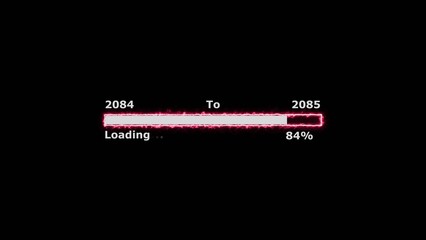 Loading 100 percent complete progress bar digital interface technology modern design white color 4k illustration. New year 2084 to 2085 loading. Neon bright rectangle frame black background.