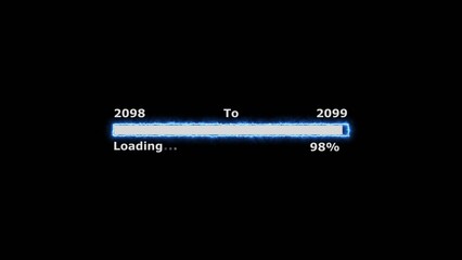 Loading 100 percent complete progress bar digital interface technology modern design white color 4k illustration. New year 2098 to 2099 loading. Neon bright rectangle frame black background.