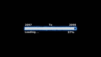 Loading 100 percent complete progress bar digital interface technology modern design white color 4k illustration. New year 2097 to 2098 loading. Neon bright rectangle frame black background.