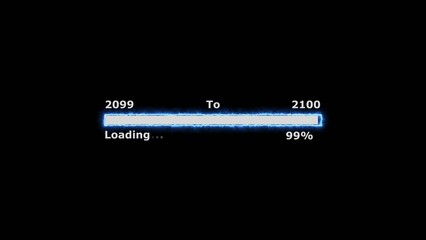 Loading 100 percent complete progress bar digital interface technology modern design white color 4k illustration. New year 2099 to 2100 loading. Neon bright rectangle frame black background.
