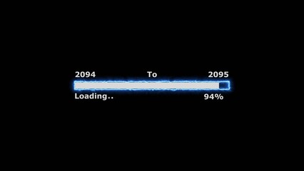 Loading 100 percent complete progress bar digital interface technology modern design white color 4k illustration. New year 2094 to 2095 loading. Neon bright rectangle frame black background.