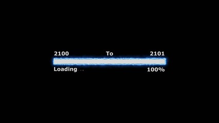 Loading 100 percent complete progress bar digital interface technology modern design white color 4k illustration. New year 2100 to 2101 loading. Neon bright rectangle frame black background.