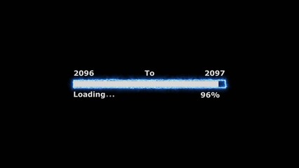 Loading 100 percent complete progress bar digital interface technology modern design white color 4k illustration. New year 2096 to 2097 loading. Neon bright rectangle frame black background.