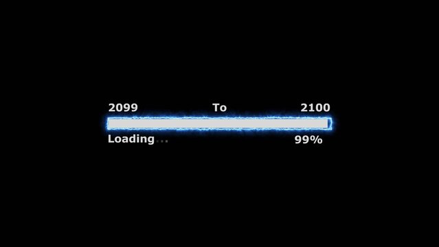 Loading 100 percent complete progress bar digital interface technology modern design white color 4k illustration. New year 2099 to 2100 loading. Neon bright rectangle frame black background.
