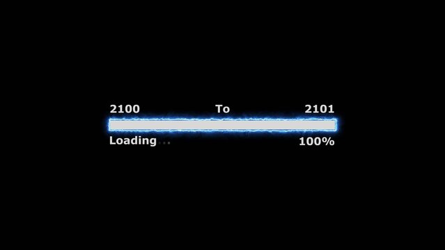 Loading 100 percent complete progress bar digital interface technology modern design white color 4k illustration. New year 2100 to 2101 loading. Neon bright rectangle frame black background.