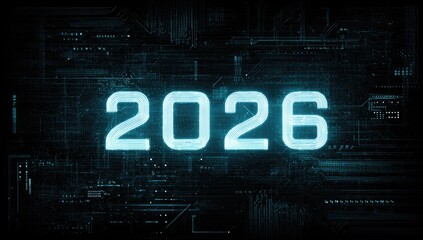 Illuminated futuristic design with glowing cyan-blue digits the number 2026