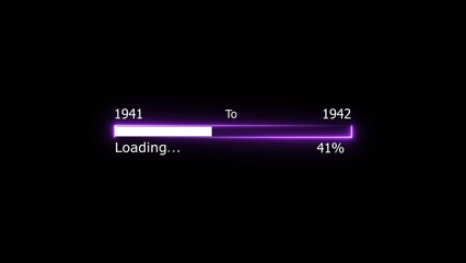 Loading 100 percent complete progress bar digital interface technology modern design white color 4k illustration. New year 1941 to 1942 loading. Neon bright rectangle frame black background.