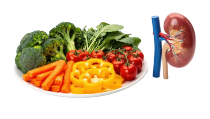 Fresh colorful vegetables arranged neatly on a white plate with a kidney health model beside it symbolizing nutritious choices in a bright kitchen setting.