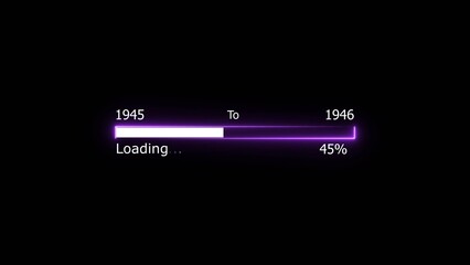 Loading 100 percent complete progress bar digital interface technology modern design white color 4k illustration. New year 1945 to 1946 loading. Neon bright rectangle frame black background.