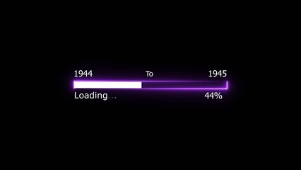 Loading 100 percent complete progress bar digital interface technology modern design white color 4k illustration. New year 1944 to 1945 loading. Neon bright rectangle frame black background.