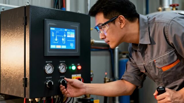 Detailed medium shot of an engineer customizing a hydronic control panel interface adjusting settings using a touch screen display and manual controls.