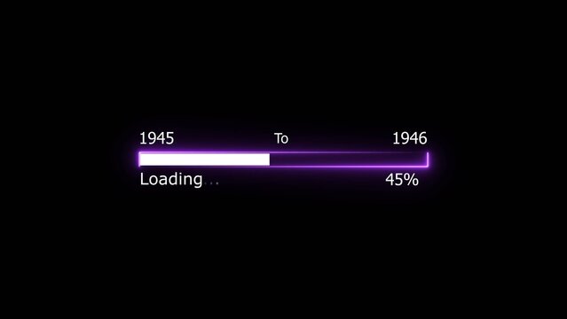 Loading 100 percent complete progress bar digital interface technology modern design white color 4k illustration. New year 1945 to 1946 loading. Neon bright rectangle frame black background.