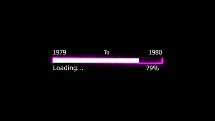 Obraz premium Loading 100 percent complete progress bar digital interface technology modern design white color 4k illustration. New year 1979 to 1980 loading. Neon bright rectangle frame black background.