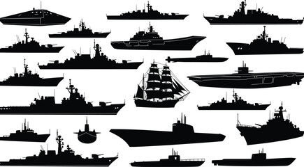 Naval ship silhouettes, military vessels, black and white illustration, submarine, warship, sailing ship, maritime design, ocean fleet diversity © Fahim Creative