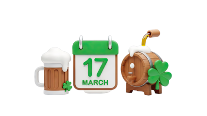 St. Patrick's Day Celebration Icon: Beer Mug, Calendar, and Keg