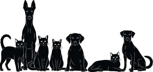 Silhouette cats and dogs, black animal shapes, pet illustration, feline and canine contrast, sitting and standing pets, white background © Fahim Creative