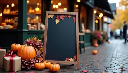 Autumn sidewalk chalkboard with pumpkins and fall leaves, perfect for seasonal menus or event announcements.