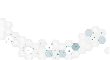 A modern abstract background featuring a wave of interconnected grey and blue hexagonal cells with small dots, suggesting a scientific or technological network.