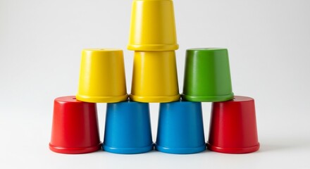 明るい光に照らされ色鮮やかなプラスチックコップが積み重なり清潔な白い背景でシンプルながら楽しい雰囲気を演出. AI Generated