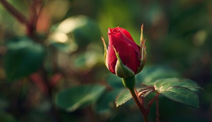 Close-up of a vibrant red rosebud, partially open, with green leaves and bokeh background
