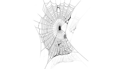 Intricate spiderweb design, a delicate and fragile structure against a white background