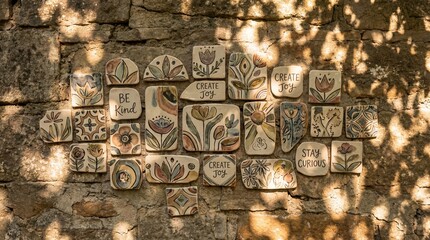 Handpainted Ceramic Tiles with Floral Designs and Inspirational Messages Adorning a Textured Stone Wall