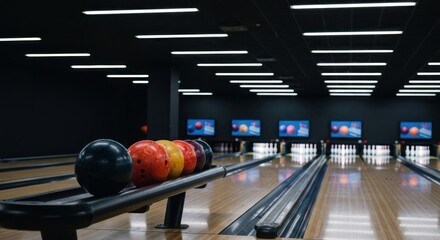 A bowling alley with balls lined up, lanes, and screens in the background