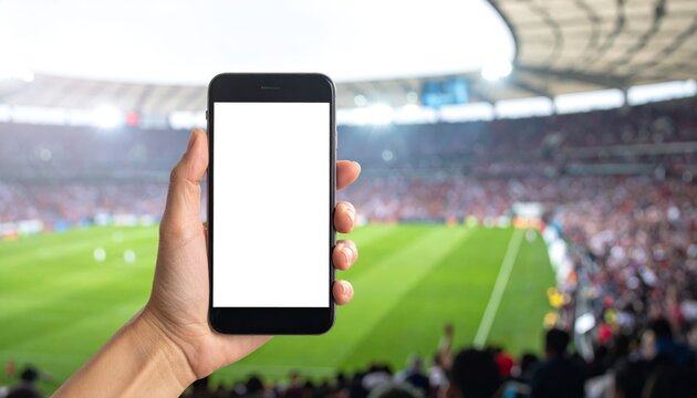 Hand holding smartphone with blank screen at a soccer stadium during a match.
