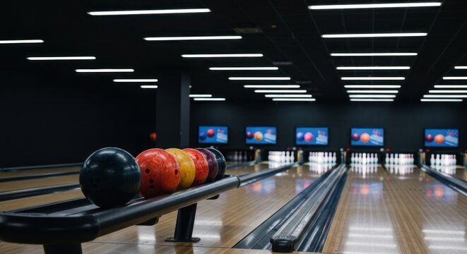 A bowling alley with balls lined up, lanes, and screens in the background