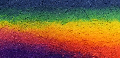 Textured artwork with vibrant rainbow hues from violet to blue. It looks painted on a rough surface