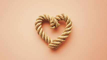 A beautifully crafted heart shape made from twisted natural rope is prominently displayed against a soft muted coral background