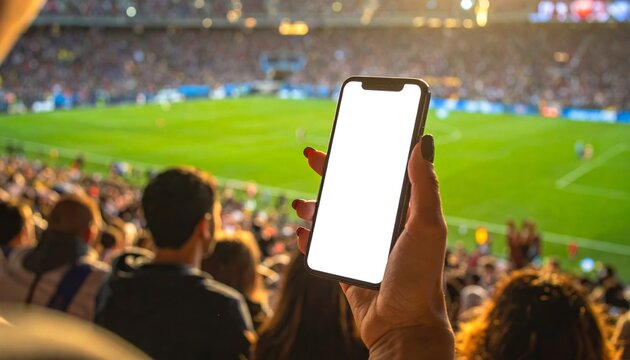 Person holding smartphone with blank screen at a crowded football stadium during a match.