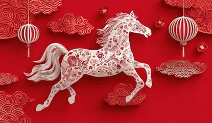 Ornamental white horse illustration with detailed patterns on red background