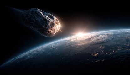 A large, rocky object hurtles towards a blue planet with a glowing sun in the background
