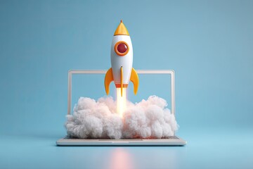 A rocket blasting off from a laptop screen, symbolizing digital innovation and growth