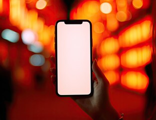 A hand holds a blank display phone with bokeh red lights in the background